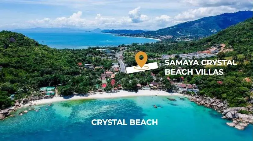 Crystal Beach bay with Samaya Crystal Beach Villas marked behind the beach