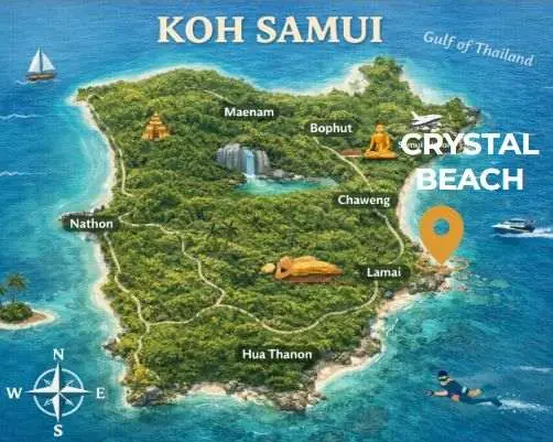 Illustrated map of Koh Samui with Crystal Beach marked on the east coast