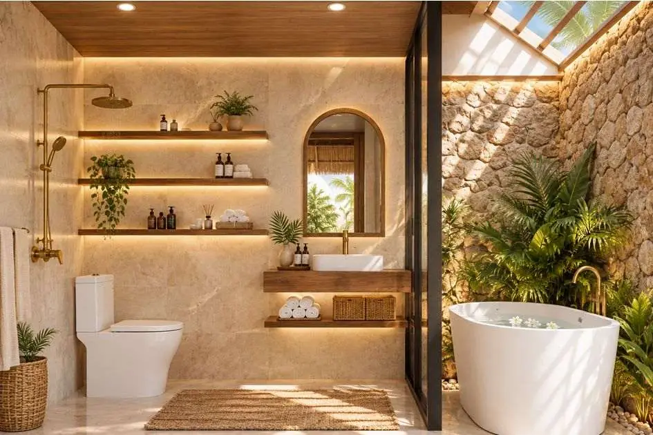 Villa C bathroom with bathtub before a tall window