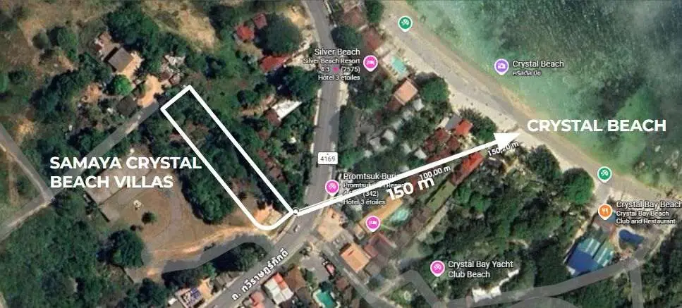 Satellite view showing the 150 meter walk from the plot to Crystal Beach